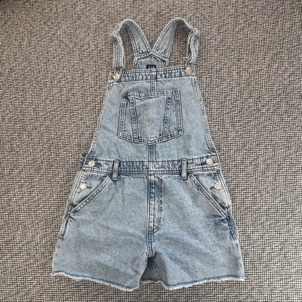 Gap Denim Kids Youth XL Light Wash Raw Hem Shortalls Bib Overalls Blue